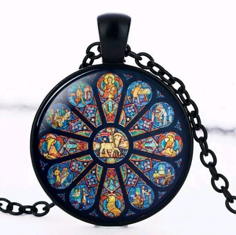 Stain Glass Cabochon Chain Pendant Necklace
